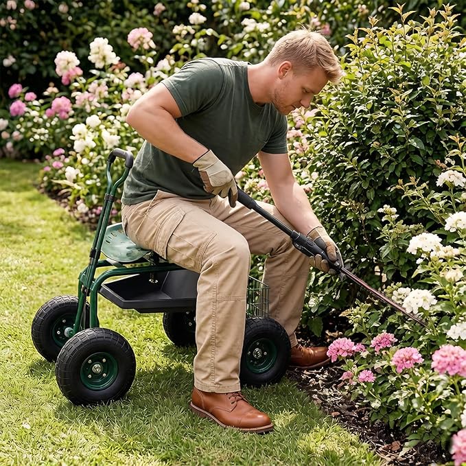 BDL Garden Cart Outdoor Rolling Garden Workseat with Wheels Heavy Duty Garden Tool Cart with Extendable Handle and Storage for Seniors Yard Gardening Work