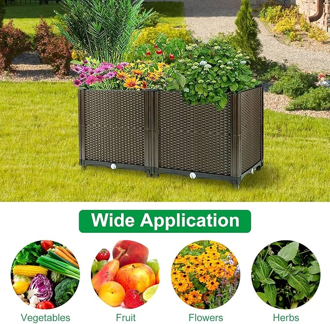 Raised Garden Bed 12x12x14 Rattan Pattern Garden Bed Plastic Planter Garden Boxes Outdoor with Self-Watering System for Flowers Vegetables Herbs for Garden Patio Balcony