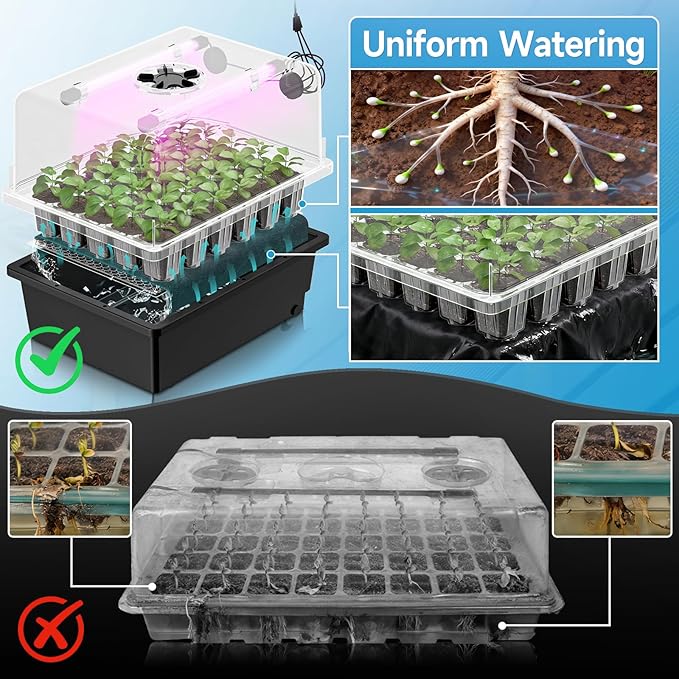Hon&ampGuan 1 Pack Seed Starting Kit - 30 Cell Seed Starter Tray with Higher 5.3” Humidity Dome LED Growing Lights and 10x20.75 Seedling Heat Mat Adjustable Vents - Germination &amp Plant Propag