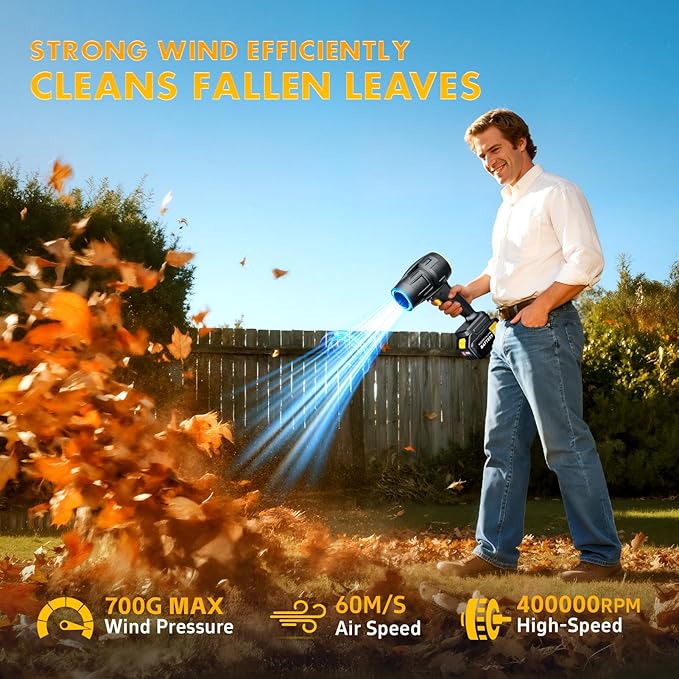 Electric Leaf Blower Cordless with 21V 2 * 3000mAh Batteries and Charger 400000RPM Handheld Battery Powered Leaf Blower One-Touch Speed Adjustment Lightweight Turbo Blower for Yard PatioGarage