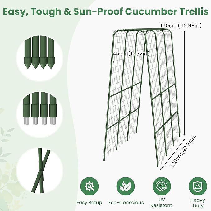 Cucumber Trellis for Raised Bed 63 Heavy Duty U-Shape Garden Trellis for Climbing Plants Outdoor Rustproof Plastic Metal Arch Vegetables Trellis Plant Support for Vine Fruits Beans and Flowers