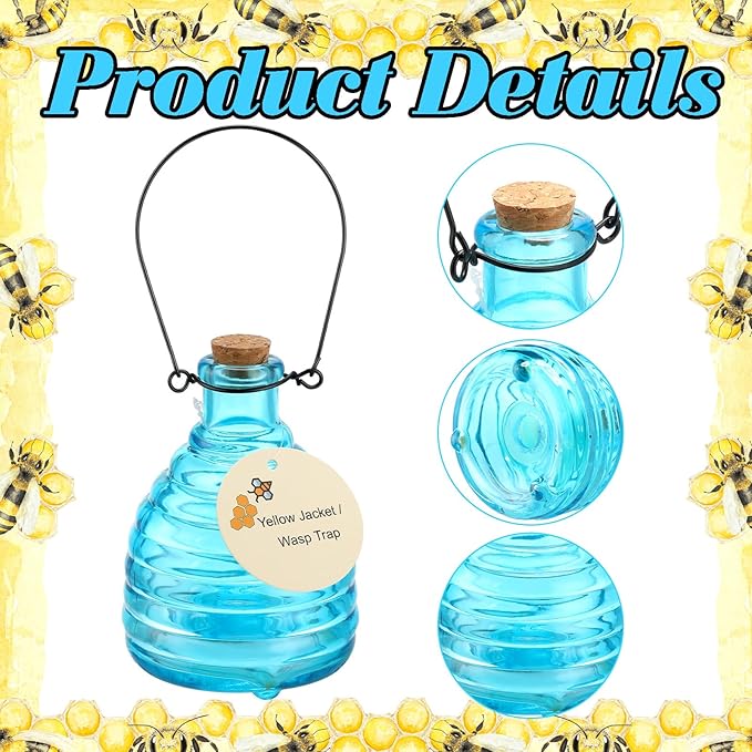 2 Pieces Glass Wasp Trap Outdoor Hanging Reusable Wasp Traps with Steel Hooks Yellow Jacket Catchers Trap for Outside Garden Farm Courtyard Garden Blue