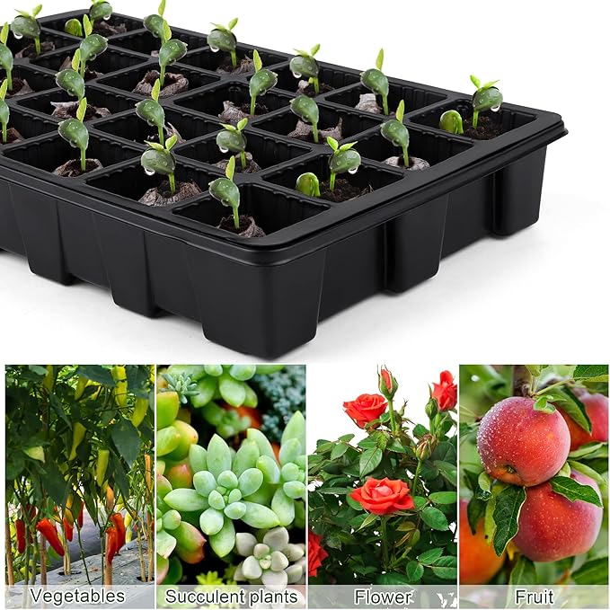 4 Pack 24-Cells Seed Starter Tray Kit Germination Tray with Humidity Dome and Base Plant Growing Kit Germination Starter Including Peat Pellets Plant Labels Tool for Indoor Outdoor Black