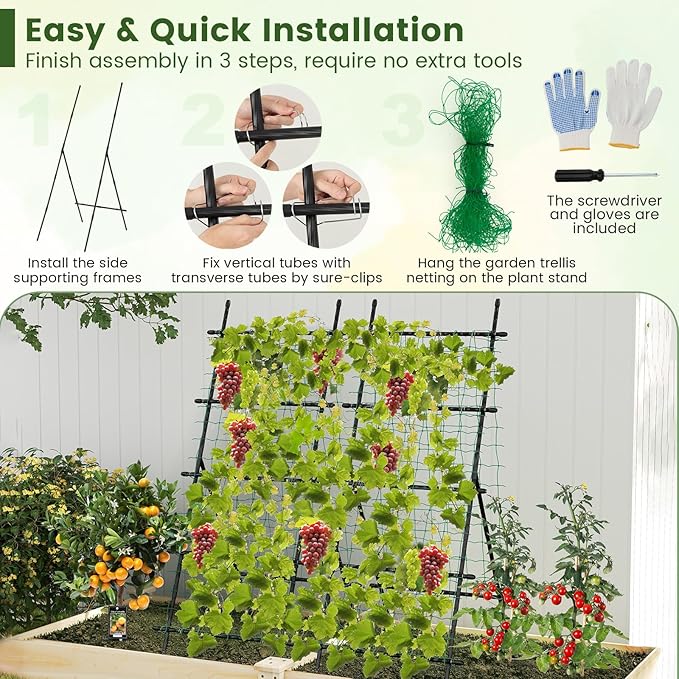 Giantex Cucumber Trellis Trellis for Climbing Plants Outdoor Garden Trellis w/Netting PE-Coated Metal Clips Plant Support for Flower Vine Grape Vegetable Fruit Adjustable Shape 31x 26x74