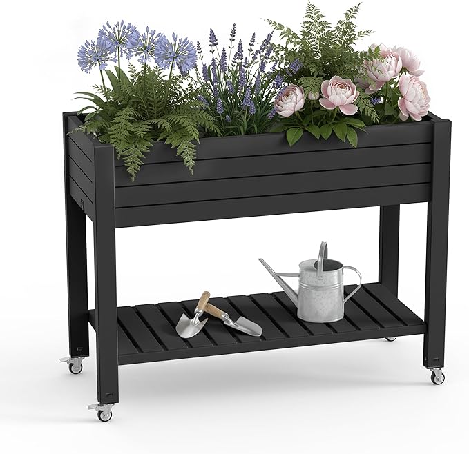 EasyUp 21 Gallon Raised Garden Bed with Legs and Wheels Raised Planter Box with Drainage Plug and Gauge Lower Shelf for Tools and Accessories Dust-Proof Resin for Patio and Backyard(Black)