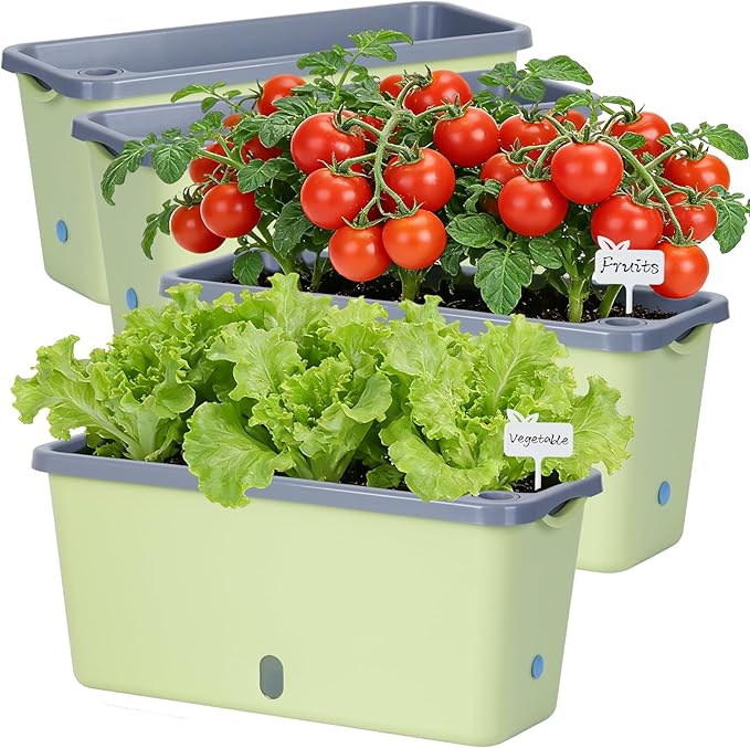 Window Box Planter 4 Packs 14 Inches Rectangle Flower Pots with Breathable Drainage Holes Pots for Vegetables Herbs Flowers Garden Windowsill Balcony (Green &amp Grey)