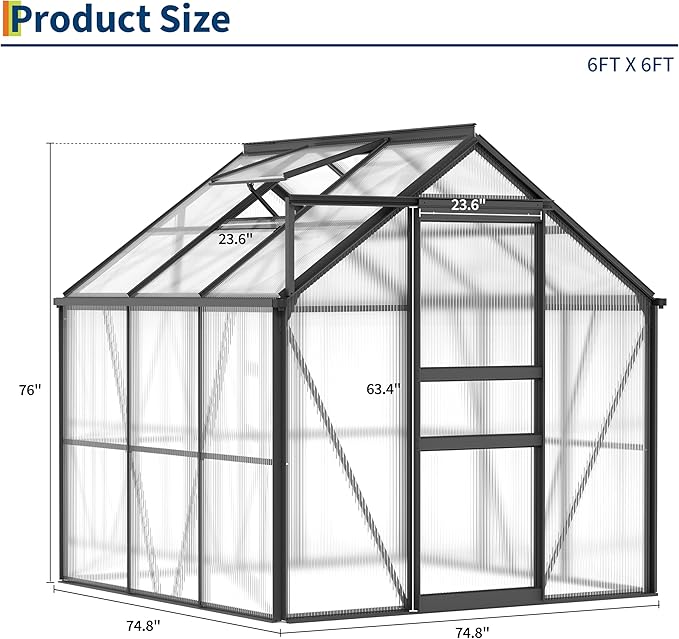 6X6FT Walk-in Polycarbonate Greenhouse Outdoor Weatherproof Greenhouse Kit with Adjustable Roof Vent Sliding Door &amp Gutter Drainage Portable Green House for Patio Backyard Winter Gardening
