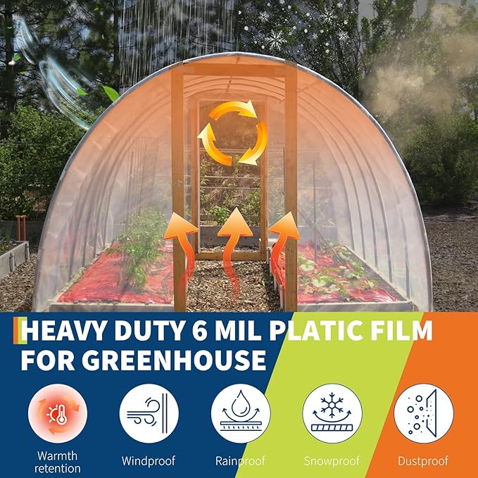 PeakPursuit 6 Mil 26.2 x 50 ft Greenhouse Plastic FilmWinter Greenhouse Plastic Sheeting for PlantsFrost/Water/Sun/Wind/Dust ResistantAnti-Aging for 2 Years