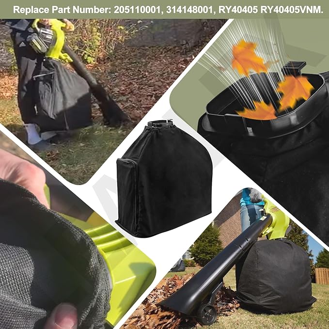 205110001 Leaf Vaccum Vac Attack Bag &amp 314148001 Wheel Assembly Compatible with Ryobi 40 Volt Cordless Leaf Vacuum Vac Attack RY40405 RY40505VNM Models
