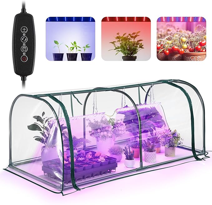 Meonum Mini Greenhouse with Grow Light 51.18 L x 25.59 W x 21.65 H Portable Greenhouses Waterproof UV-Resistant for Indoor/Outdoor Seed Starting(Dome Shape)