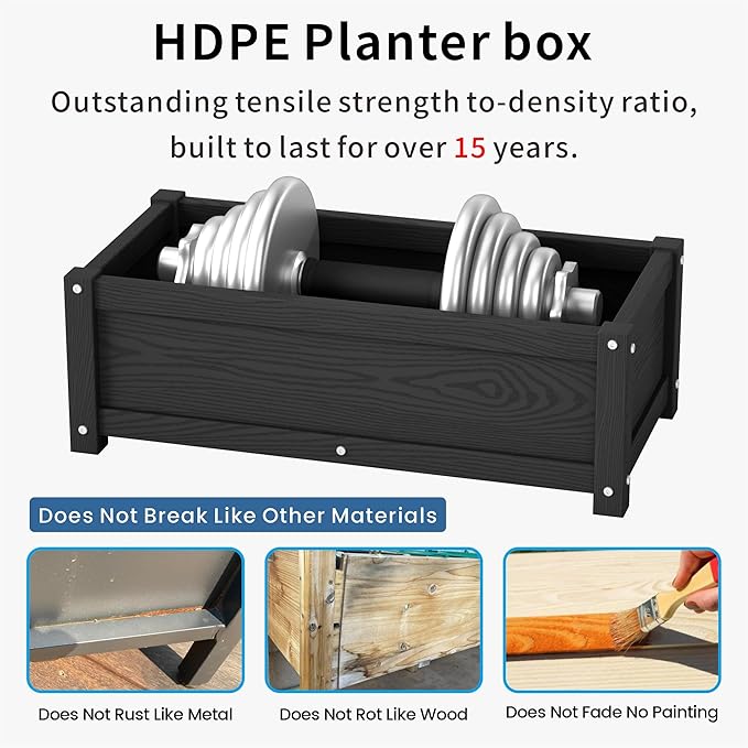 HDPE Planter Box All-Weather Outdoor Garden Bed Easy to Assemble Drainage System Low Maintenance Non-Fading for Flower/Herb/Seed (Black)