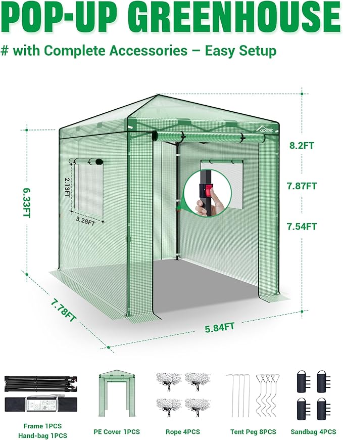 8x6 Instant Pop up Greenhouses Indoor Outdoor Portable Greenhouse Walk-in Small Green House for All Season with Roll-Up Zipper Doors and Side Windows 4 Sandbags Pe Cover Green/Clear