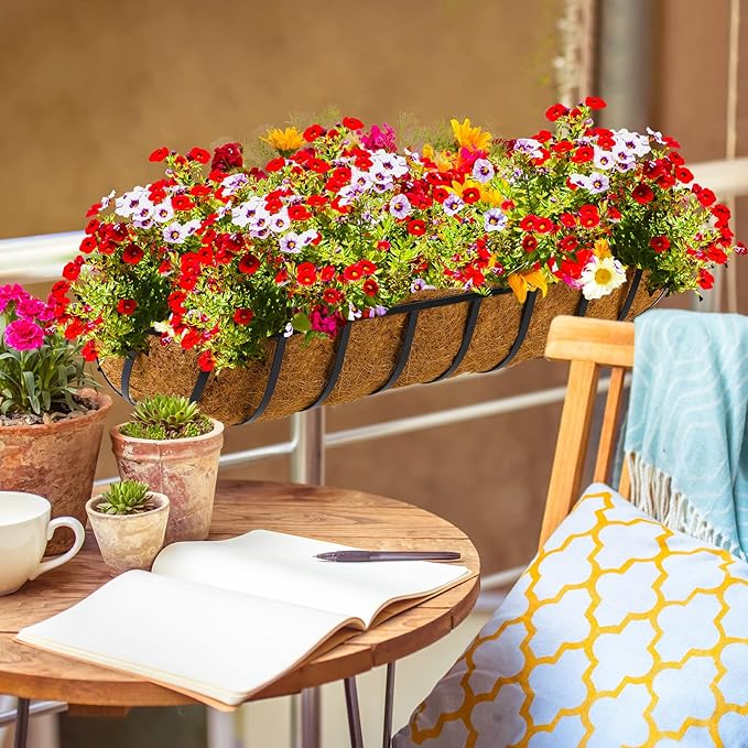 Tessco for you 2 Pieces Railing Planter Boxes 36 Inches Window Box Planters with Coco Liner and Adjustable Brackets for Deck Porch Fence Patio Balcony Gardening Outdoor Plants
