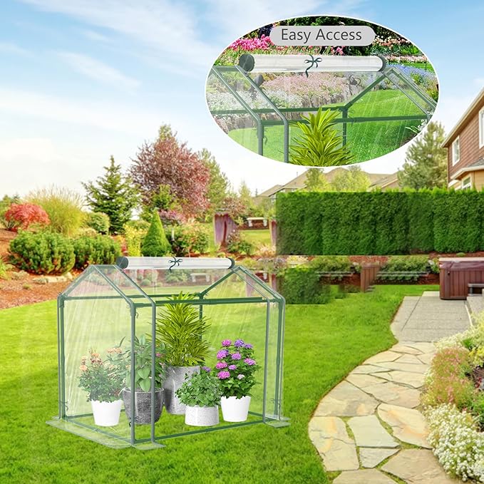 Esbaybulbs Mini Greenhouse with PVC Cover and Roll-Up Zipper Door 33.5'L x 23.2'W x 32.5'H Transparent Steel Frame Roll-Up Door Garden Greenhouse