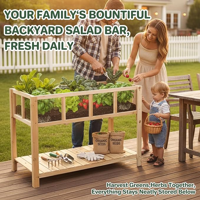 Raised Garden Bed Outdoor with Shelf 43.7''x23.2''x30.7''Wood Planter Box with Transparent Window Drainage Holes Liner Garden Beds Flower Stand for Balcony Kitchen Gift for Gardening