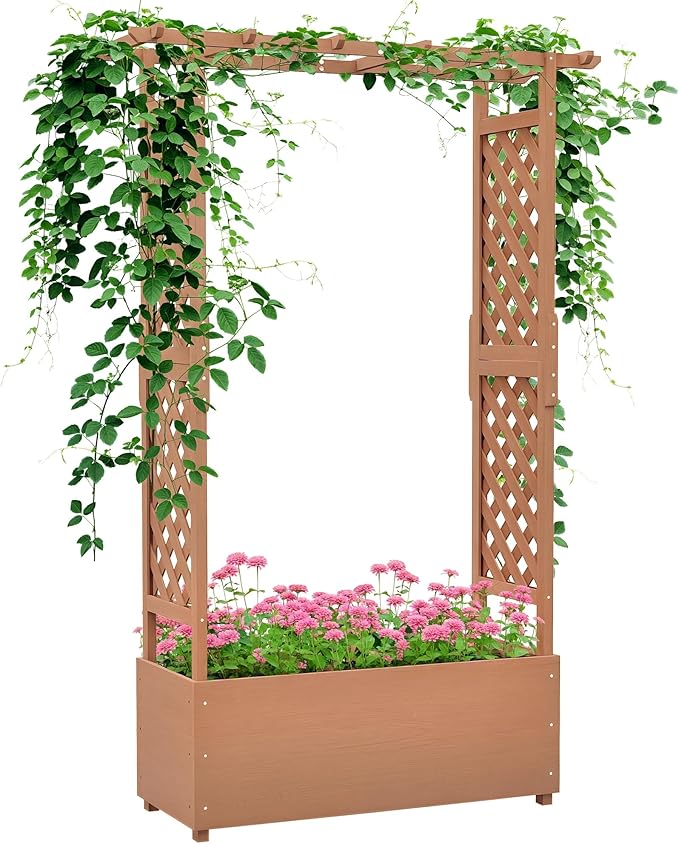 Outsunny Raised Garden Bed with Arch Trellis for Vine Climbing Plants Hanging Flowers 70.75 Tall Outdoor Wood Planter Box with Drainage Hole &amp Fabric Filter for Backyard Patio Brown