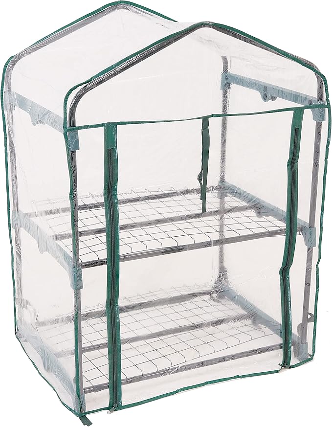 Sunnydaze Outdoor Portable 2-Tier Mini Greenhouse with Roll-up Zippered Door and Steel Wire Shelves - Clear