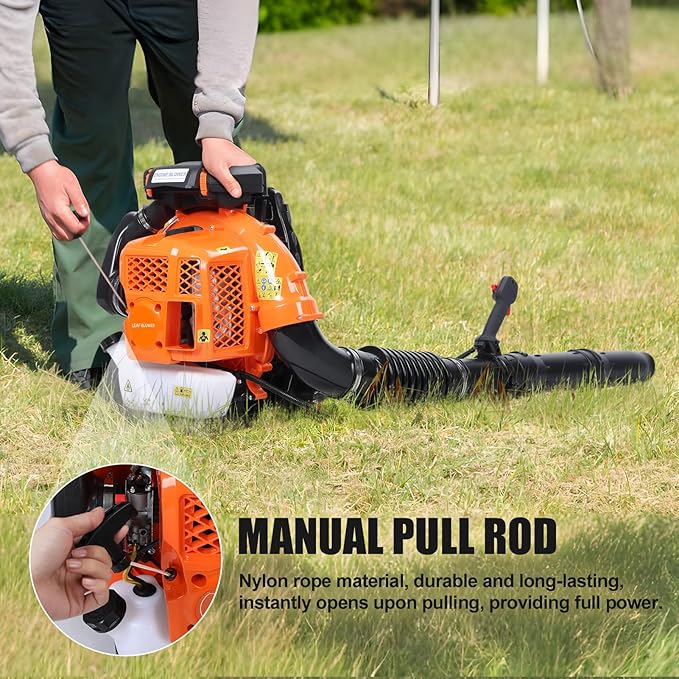 Backpack Leaf Blower 80CC 2 Stroke Gas Powered Backpack Leaf Blower 3.2KW High Power for Blowing Leaf Cleaning Dust with 2.3L Fuel Tank Adjustable Offset Handle Ergonomic Harness System 900CFM
