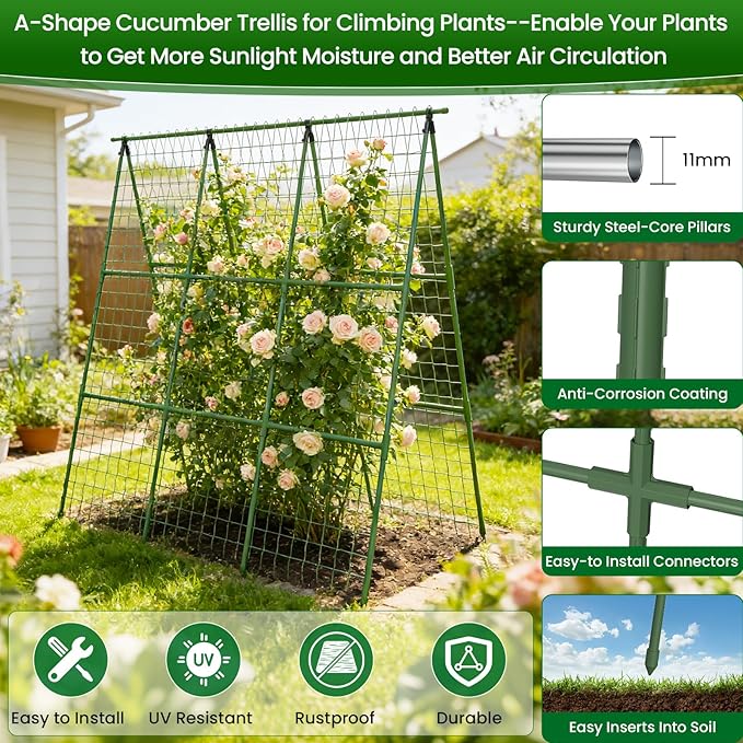 Cucumber Trellis for Raised Bed 48 L x 48 H 2 Pack A-Shape 11mm Garden Trellis for Climbing Plants Outdoor Metal Arch Trellis for Vegetables Plant Support for Tomato Pea Zucchini Grape Flowers