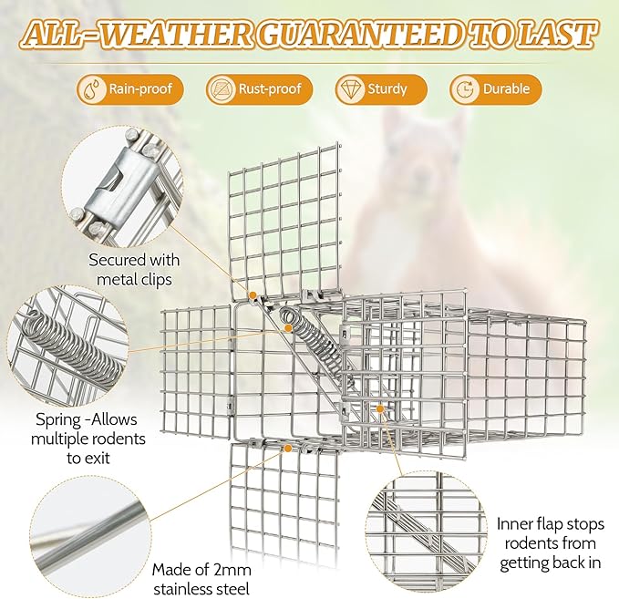 2Sets One Way Squirrel Door Excluders 3 × 3 × 9inch Animal Excluder Cage Humane Squirrels Chipmunks Contactless Excluder for Outdoor Spaces Like Attics Chimneys - Includes Full Installation Kit