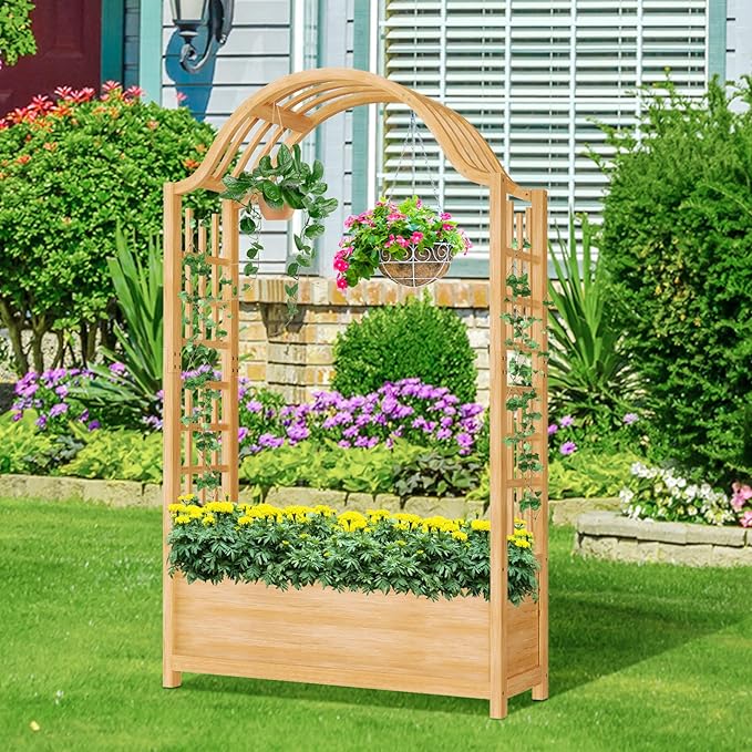 Raised Garden Bed with Trellis Freestanding Wood Planter Box w/Hanging Roof &amp Drainage Holes for Vine Climbing Plants Flowers Outdoor Planter with Trellis for Patio Balcony
