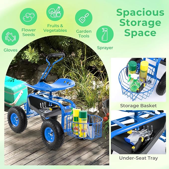 Garden Seat with Wheels Rolling Stool with Extendable Handle Storage Basket &amp Tool Tray Garden Scooter with 360 Degree Swivel Seat for Outdoor &amp Yard (Blue)