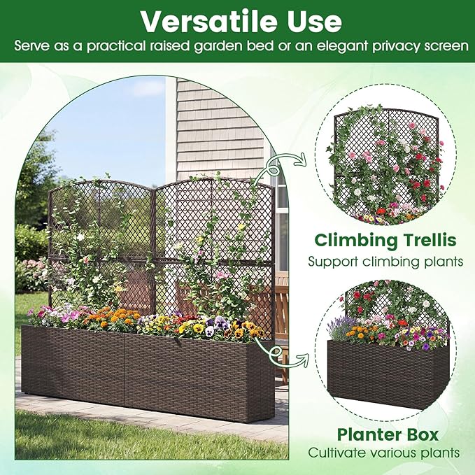 BECOMFORT 58”H Raised Garden Bed with Trellis Tall Wicker Planter Box with Privacy Screen Liner &amp Drainage for Balcony Yard PE Rattan Outdoor Flower Box for Climbing Plants Vegetables &amp Fl