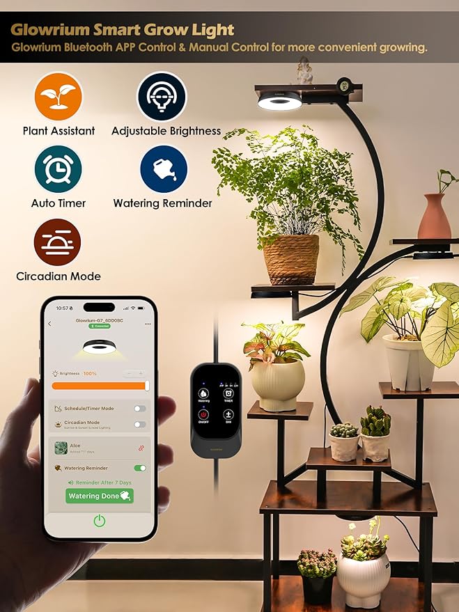 GLOWRIUM Grow Lights for Indoor Plants48W Smart Full Spectrum LED Grow Light Auto Timer and Stepless DimmingPlant Assistant with Watering ReminderModular Design (Black 6 PCS)