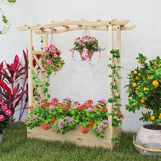 Giantex Raised Garden Bed with Sided Trellis &amp Hanging Roof Wood Planter Box Freestanding Garden Planter Raised Bed for Flowers Herbs Climbing Vines 44”x14”x45” (L x W x H)