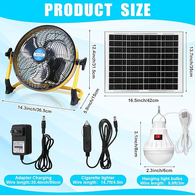 Sumind Solar Powered Fan 15000mah 20w Portable Ventilador Rechargeable Camping Fan Battery Powered with Panel and Light for Outside Home Travel Chicken Coop Shed Greenhouse(Yellow10 Inch)