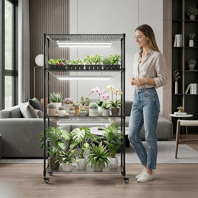 Plant Stand with Grow Lights 4-Tier Plant Shelf 6 Sets 3-Color LED Grow Light with Timer Wide Plant Rack for Indoor Gardening Seed Starting Herbs &amp Flowers 36 W x 14 D x 63 H
