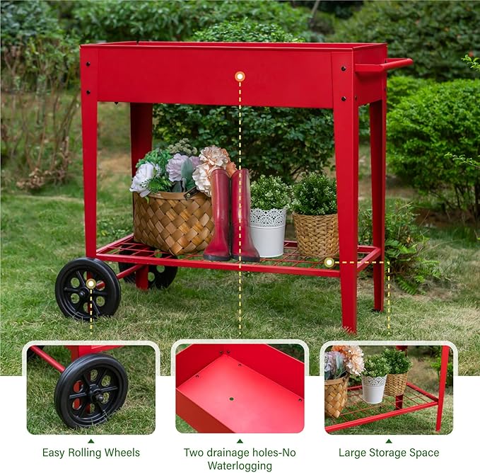 MFSTUDIO Outdoor Raised Elevated Garden Planter Box with Legs Patio Standing Planter Bed Cart on Wheels for Gardening Vegetables Flower Herb Red