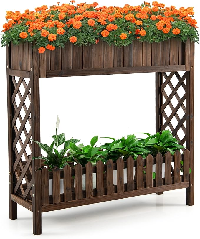 Giantex Planter Raised Bed Elevated Potted Plant Rack W/Shelf Fence Wooden Standing Plant Container Box w/Trellis for Vegetable Flower Herb Succulent Indoor Outdoor Patio Balcony (Brown)