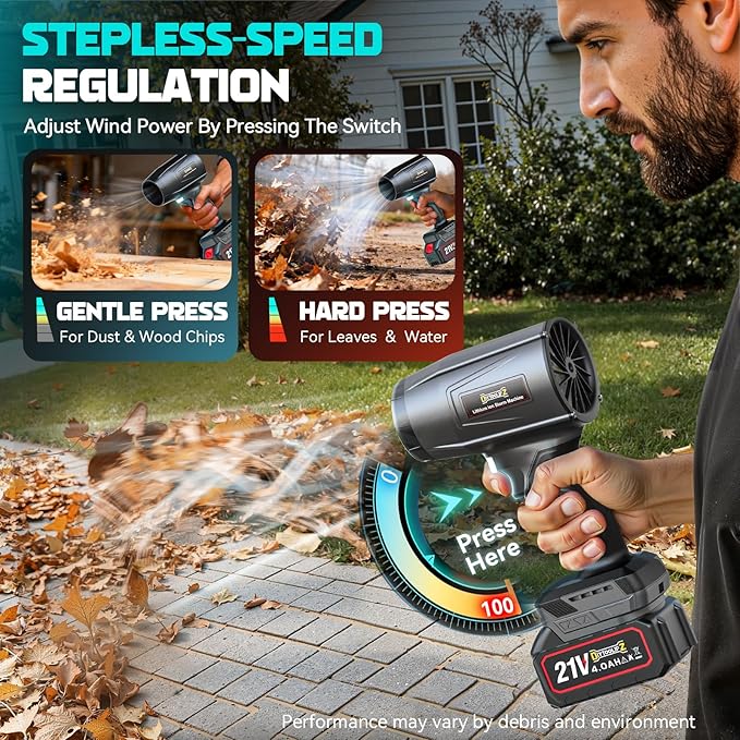800000 RPM Cordless Leaf Blower with 2x4.0Ah Batteries Brushless Motor Adjustable Speed Lightweight Portable Electric Blower for Car Patio Garden &amp Indoor Cleaning 3 Nozzles Included