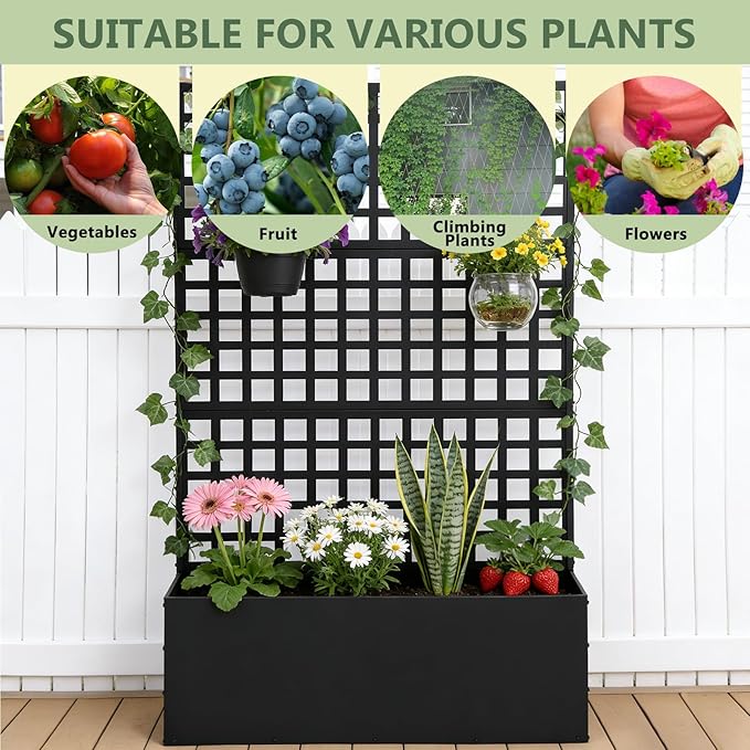 Metal Privacy Planter Box with Trellis Raised Garden Bed Privacy Screen with Drainage Holes Outdoor Metal Planter Box for Climbing Plants Patio &amp Garden 70 x 46 x 12 Black (1)