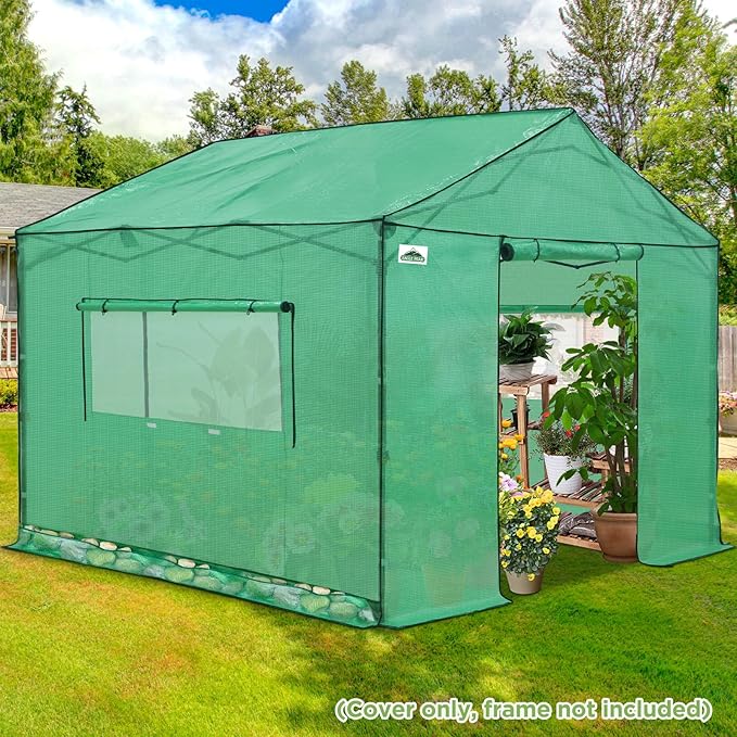 EAGLE PEAK Replacement Cover for 10x10 Gable Roof Pop up Greenhouse Front and Rear Roll-Up Zipper Entry Doors and 2 Large Roll-Up Side Windows (Frame Not Included) Green