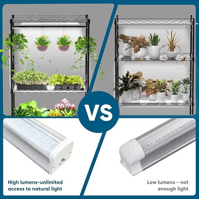 Plant Shelf with Grow Light 4-Tier Metal Grow Light Shelf with Hanging Rod and Adjustable Rack3-Pack 6000K T12 LED Full Spectrum Grow Lights for Seed Starting Succulents Built-in Timer