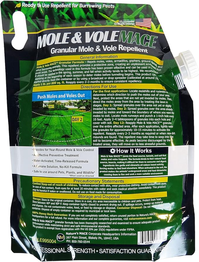 Nature’s MACE Mole and Vole MACE Mole Repellent for Lawns Vole Repellent for Outdoor Use Plant-Safe Castor Oil Granules 10 lb Bag