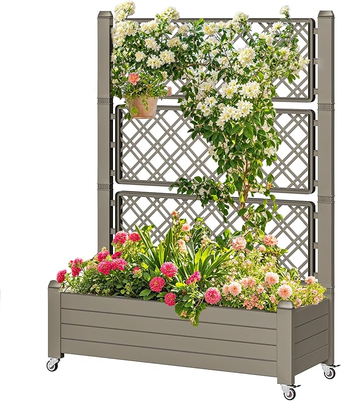 DWVO 3.6 x 1.5 x 5 FT Raised Garden Bed with Trellis Large Outdoor Planter Trellis Box with Drainage Holes and Wheels for Climbing Plants Light Brown