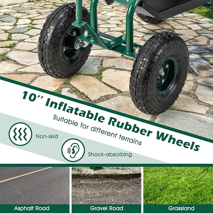 Garden Cart on Wheels 360° Swivel Rolling Outdoor Workseat with Washable Cushion &amp Dual Handles Height Adjustable Garden Stool for Patio Yard (Green)