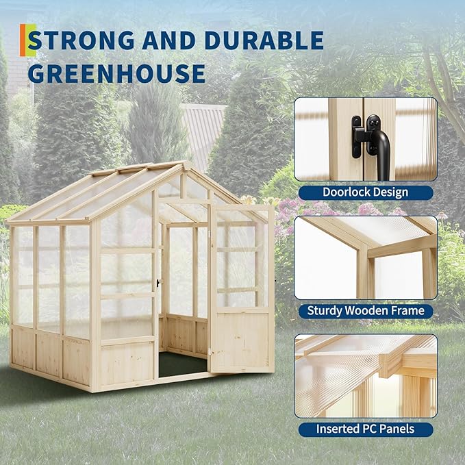 Wooden Greenhouse for Outdoors 8x6FT Greenhouse with Lockable Door Wood Frame &amp Adjustable Vent for Outside Garden Yard Light Brown