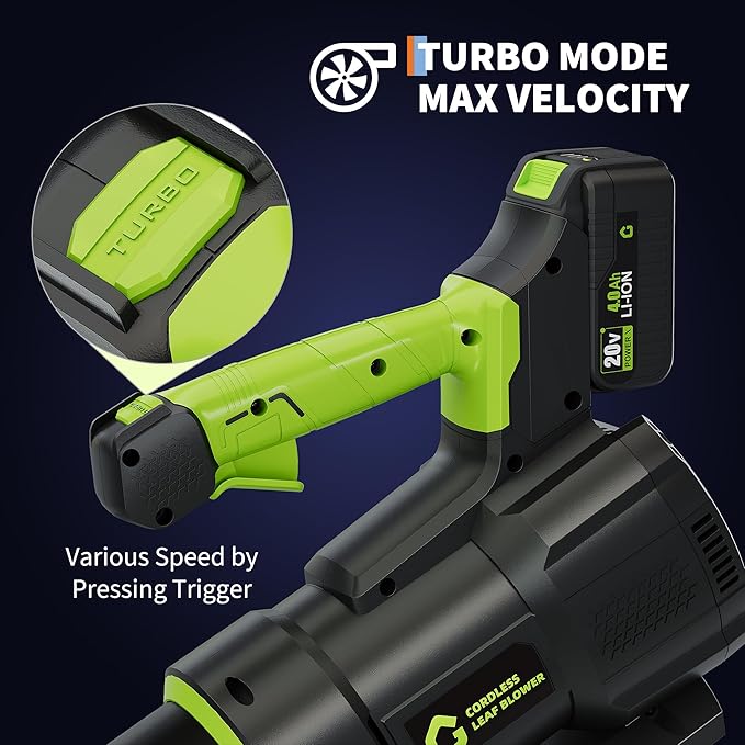 Electric Leaf Blower - 650CFM &amp 200MPH Leaf Blower Cordless with 20V 4.0Ah Battery and Charger Variable Speed Powered Leaf Blowers for Lawn Care Blowing Leaves Dust Snow - Green