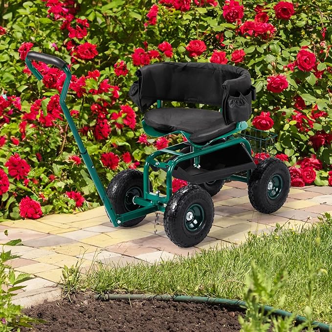 Rolling Garden Work Seat with WheelsGardening Stool for PlantingOutdoor Rolling Garden ScooterRolling Garden Cartwith 360° Swivel Seat &amp Steering Handle &amp Tool Trayfor Patio Lawn Yard (Gr