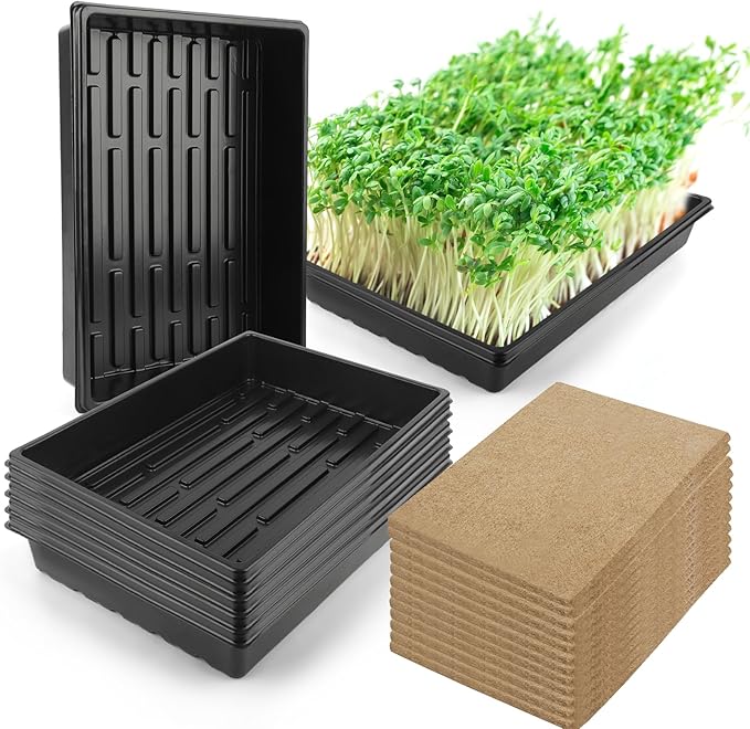 Microgreens Growing Trays Kit – 6 Pack Micro Green Grow Trays with 12 Hemp Fiber Grow Mats 15 x 11 x 2.5 Inch Seed Starter Trays for Growing Microgreens Indoor Gardening