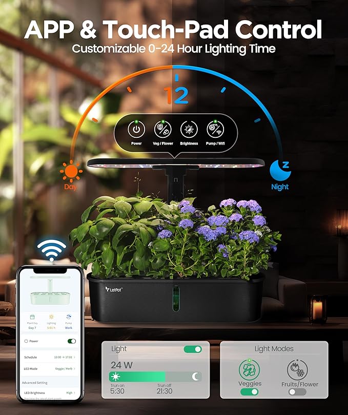 LETPOT LPH-Air Hydroponics Growing System Kits APP &amp WiFi Controlled Smart Indoor Garden with 24W Grow Light Full Spectrum 10 Pods Planter Indoor Gardening for Gifts Kitchen Vegetable (Black)