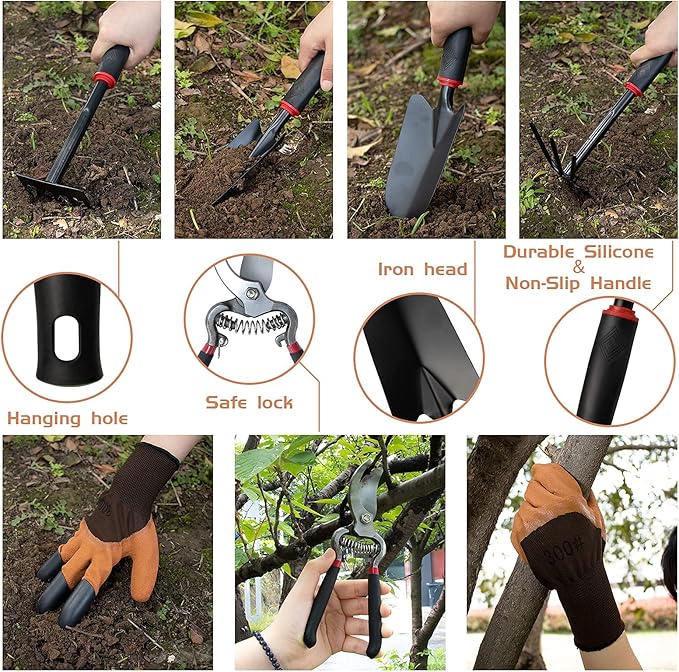 Giftable Garden Tools Set Adjustable Yard Tool Storage Tote Bag Alloy Gardening Tools with Non-Slip Ergonomic Rubber Grip for Digging Planting and PruningIdeal Gardening Gift for Women