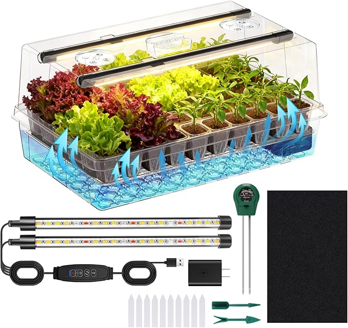Self-Watering Seed Starter Tray with Grow Lights 60 Cells Seed Starter Kit Full Spectrum Grow Light for Seed Starting Timing Set Germination Tray Grow Kits with High Humidity Domes