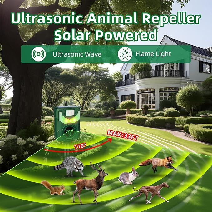 2 Pack 2025 Solar Ultrasonic Repellent Outdoor Deer Repellent Devices with Motion Detection Cat Squirrel Rabbit Deterrent for Yard Waterproof Animal Deterrent Light for Skunk Racoon Rodent Dog Mole