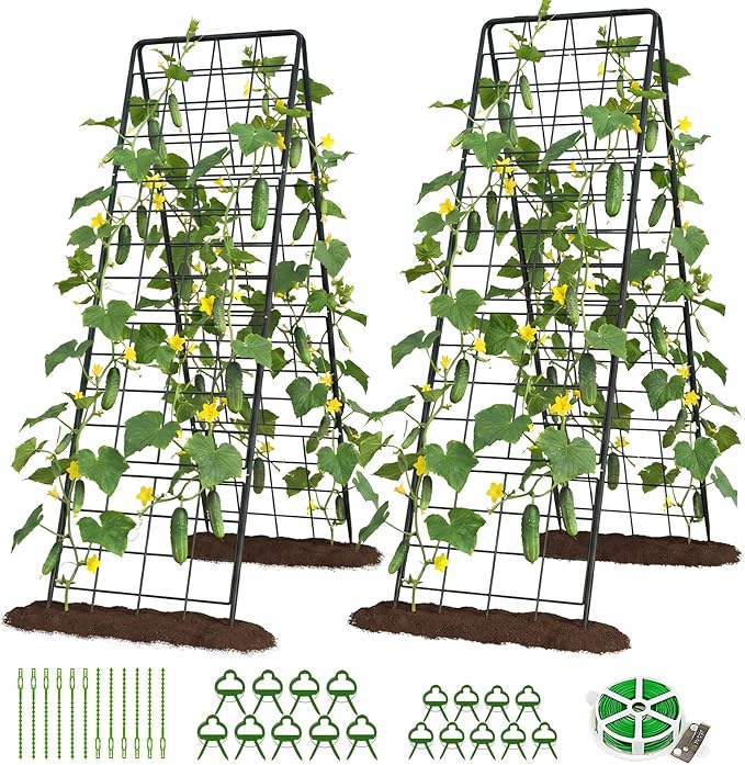 DoCred Cucumber Trellis 71 H 2 Pack Metal Foldable Upgraded A Frame Garden Trellis for Raised Bed Climbing Plants Vegetables Including Plant Support Clips Twist Ties Plastic Ties Black