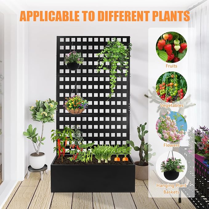 Metal Planter Box with TrellisRaised Garden Bed with35''Lx18''Wx71''Hfor Climbing PlantsVegetables &amp VinesPlanter with Trellis &ampDrainage Holes Privacy Planters (35''Lx18''Wx71''H)